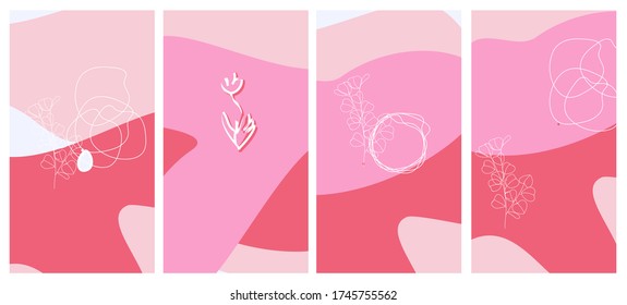 Modern creative backgrounds in minimal trendy. Set of vector templates for social media stories and bloggers. Trendy colors flat covers collection. Pink colors abstract summer flyers, banners set.