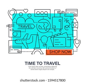 Modern creative banner design in outline style for Travel deals online. Shop tour now. Doodle style illustration for website, banners or printed materials. Travel and tourism concept.