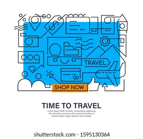 Modern creative banner design in outline style for Travel deals online. Shop tour now. Doodle style illustration for website, banners or printed materials. Travel and tourism concept.