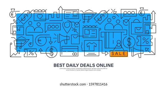 Modern creative banner design in outline style for shopping, big sale or discount. Best daily deals online. Doodle style illustration for website, banners or printed materials.