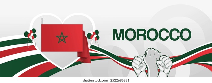 Moderno Anuncio creativo para el día de la independencia de Marruecos en colores de bandera. Amplio cartel para la celebración de vacaciones, tarjeta de felicitación del día nacional, encabezado del Web, fondo de eventos deportivos y musicales. Concepto Horizontal
