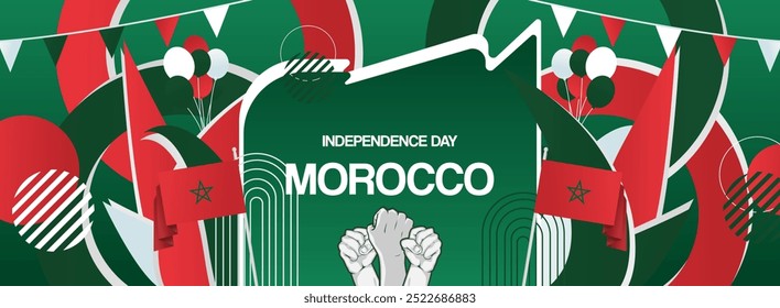 Moderno Anuncio creativo para el día de la independencia de Marruecos en colores de bandera. Amplio cartel para la celebración de vacaciones, tarjeta de felicitación del día nacional, encabezado del Web, fondo de eventos deportivos y musicales. Concepto Horizontal