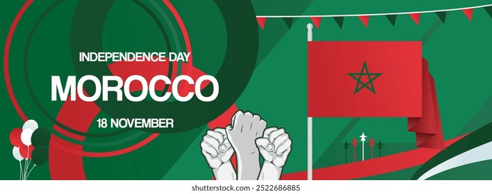 Modern creative banner for Morocco independence day in flag colors. Wide poster for holiday celebration, national day greeting card, web header, sports and music event background. Horizontal concept