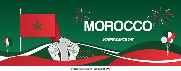 Bandeira criativa moderna para o dia da independência do Marrocos em cores de bandeira. Cartaz largo para comemoração de férias, cartão de saudação do dia nacional, cabeçalho web, esportes e fundo do evento de música. Conceito horizontal