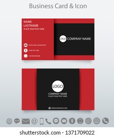 Modern creative business card template and icon. Design with geometric overlap. red and black background. Vector.