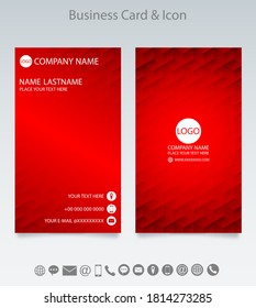 Modern creative business card template and icon. Design with geometric shape embossed red background. Vector.