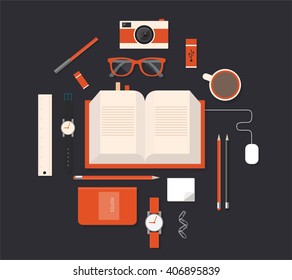 Modern creative business desktop workspace. Flat design vector mock up.