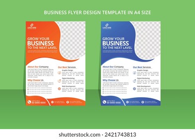 plantilla moderna de diseño de volante de negocios creativo con 2 colores de tendencia. Diseño de folletos y volante doble tamaño A4. ilustración vectorial diseño único azul marino y naranja amarillo marca.