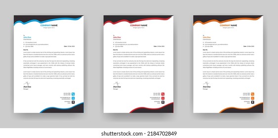 Modern creative business letterhead design template fully editable for your company and business with three color variations