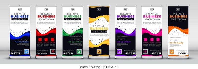 diseño de banner de Business roll up creativo moderno para eventos de negocios, reuniones anuales, presentaciones, marketing, promociones, en colores listos para imprimir azul, rojo, verde, amarillo, morado, rosa y naranja