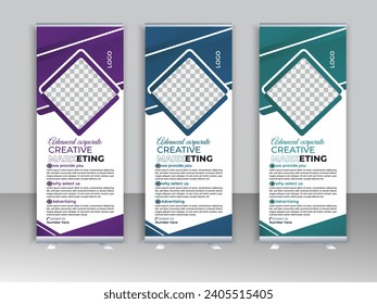 Modern and creative Business roll up standee banner design. banner design with three color variant