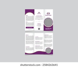 Modern and creative business tri fold brochure template with purple accent. Professional tri fold brochure layout