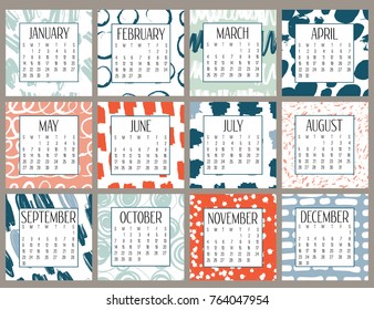 Modern creative calendar 2018. Abstract monthly calendar template with doodle hand drawn texture. Vector illustration