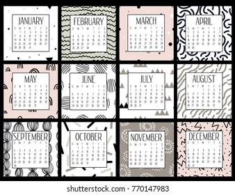 Modern creative calendar 2018. Abstract monthly calendar template with doodle hand drawn texture. Vector illustration