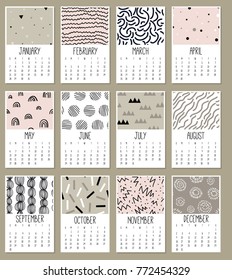 Modern creative calendar 2018. Abstract monthly calendar template with doodle hand drawn texture. Vector illustration