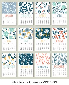 Calendario creativo moderno 2018 con plantas, hojas, flores. Calendario botánico mensual con textura dibujada a mano. Naturaleza, planificador herbario