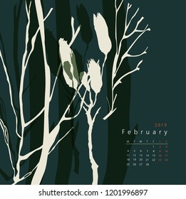 Modern creative calendar 2019 with plants, leaves, flowers.
