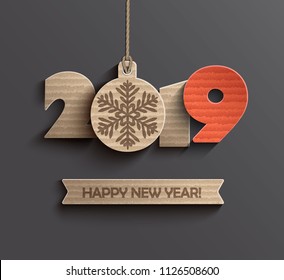 Modern creative card for happy new year 2019 paper design. Perfect for presentations, flyers and banners, leaflets, postcards and posters. Vector illustration EPS10.