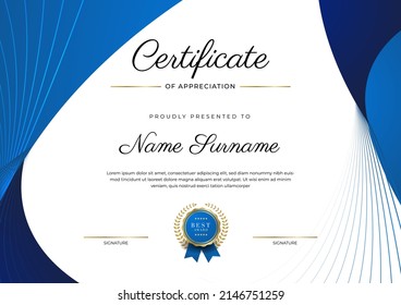 Modern creative certificate of appreciation award template with wave curve blue and golden shapes and badge