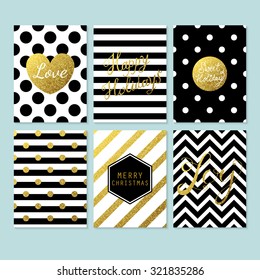 Modern creative Christmas cards in black, gold and white. Vector illustration