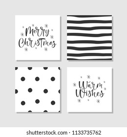 Modern creative Christmas cards with hand drawn calligraphy in black and white. Vector illustration.