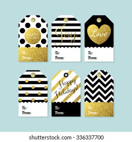 Modern creative Christmas gift tags in black, gold and white. Vector illustration
