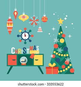 Modern creative Christmas greeting card design with Christmas tree and mid century furniture. Vector illustration