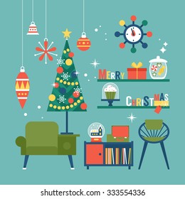 Modern Creative Christmas Greeting Card Design With Mid Century Furniture And Christmas Decorations. Vector Illustration