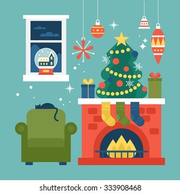 Modern Creative Christmas Greeting Card Design With Christmas Tree, Fireplace And Chair. Vector Illustration