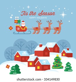 Diseño moderno y creativo de tarjetas de felicitación navideña con paisajes rurales y Santa sleigh . Ilustración del vector