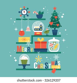 Modern creative Christmas holiday greeting card design with objects on shelf. Vector illustration