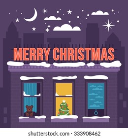 Modern creative Christmas holiday greeting card design with urban landscape. Vector illustration
