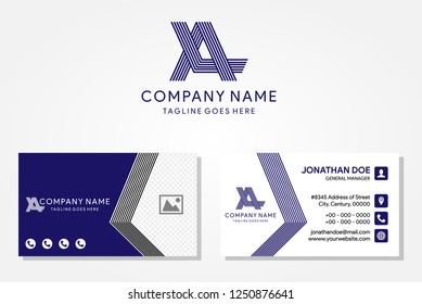 Modern Creative and Clean Business Card Template in Blue and Black Colors with Logo. Flat Style Vector Illustration, initial LA logo template