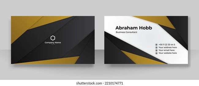 Plantilla de tarjeta de negocios moderna, creativa y limpia. Plantilla de diseño de tarjetas de visita de lujo. Elegante fondo negro oscuro con líneas onduladas brillantes doradas abstractas. Ilustración del vector