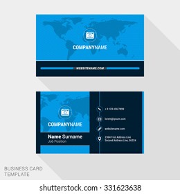 Modern Creative And Clean Business Card Template In Blue Color With World Map. Vector Illustration