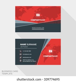 Modern Creative and Clean Business Card Template in Red Color with World Map. Flat Style Vector Illustration