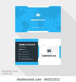 Modern Creative and Clean Business Card Template in Blue Color with World Map. Flat Style Vector Illustration