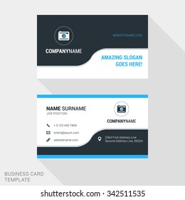 Modern Creative and Clean Business Card Template in Blue and Black Colors with Logo. Flat Style Vector Illustration