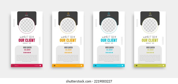 Modern and creative client testimonial social media post design. Customer service feedback review social media post or web banner with color variation template. 