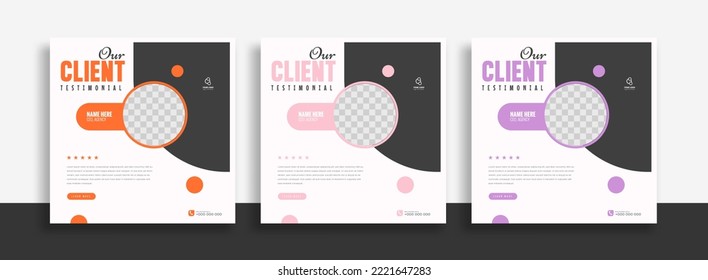 Modern and creative client testimonial social media post design. Customer service feedback review social media post or web banner with color variation template.