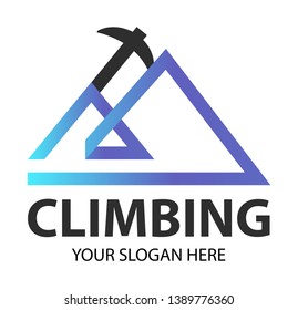 Modern creative climbing equipment logo, Mountaineering axe combined with the silhouette of a rock. Mountain Logotype template Adventure Expedition. Concept for climbing shop, club, competition.
