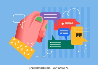 Modern creative concept for review, quote, comments and client feedback with hand design . Business vector illustration for social media, banner or presentation template
