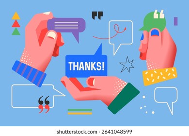 Modern creative concept for review, quote, comments and client feedback with hands design . Business vector illustration for social media, banner or presentation template