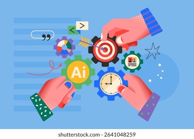 Modern creative concept for using AI technology to optimize, improve  and increase productivity and result with hand design . Business vector illustration for social media, banner template