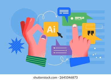 Modern creative concept for using Artificial Intelligence chatbot with hands design . Business vector illustration for social media, banner or presentation template