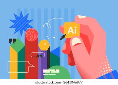 Modern creative concept for using Artificial Intelligence chatbot and AI assistant with hand design. Business vector illustration for social media, banner or presentation template