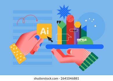 Modern creative concept for using Artificial Intelligence chatbot and AI assistant with hand design. Business vector illustration for social media, banner or presentation template