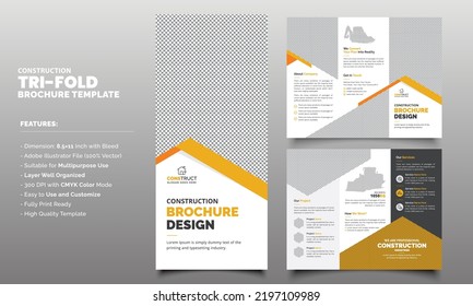 Modern Creative Construction Trifold Brochure Leaflet Template Vector Design Layout for Advertising, Marketing, Promotion,