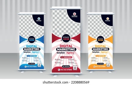 Modern creative corporate digital marketing business standee x rollup pullup signage retractable banner design three color variant red blue orange vector template