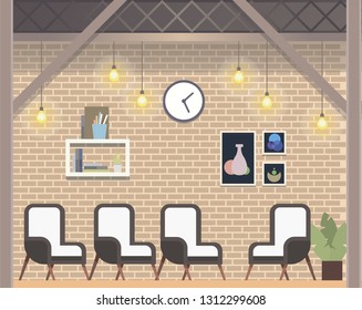 Modern Creative Coworking Workspace Loft Style. Comfortable Office Indoor Design. Creative Open Space Interior. Shared Work Area with Chair for Meeting or Conference. Flat Cartoon Vector Illustration